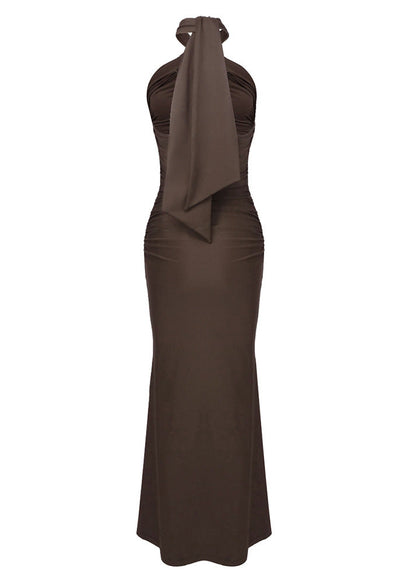 Lithany Halter Ruched Maxi Dress In Brown