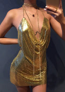 Lowell Halterneck Leopard Chainmail Mini Dress In Gold