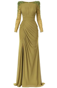 Faridoon Long Sleeve Crystal Maxi Dress In Green