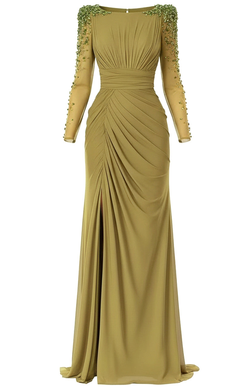 Faridoon Long Sleeve Crystal Maxi Dress In Green