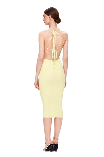 Petal Backless Lace-Up Knitted Dress In Yellow