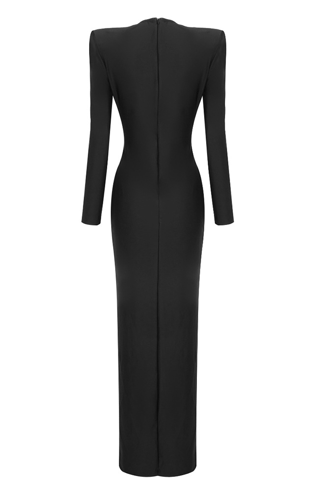 Furly Long Sleeve Ring V-Neck Maxi Dress In Black