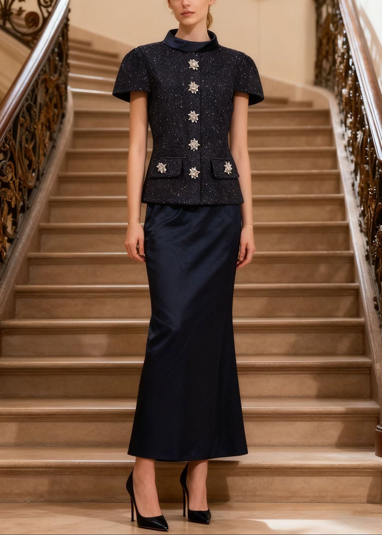 Matana Short Sleeve Two Piece Maxi Dress In Navy Blue