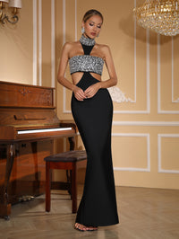 Icephor Halter Crystal Bustier Maxi Dress In Black