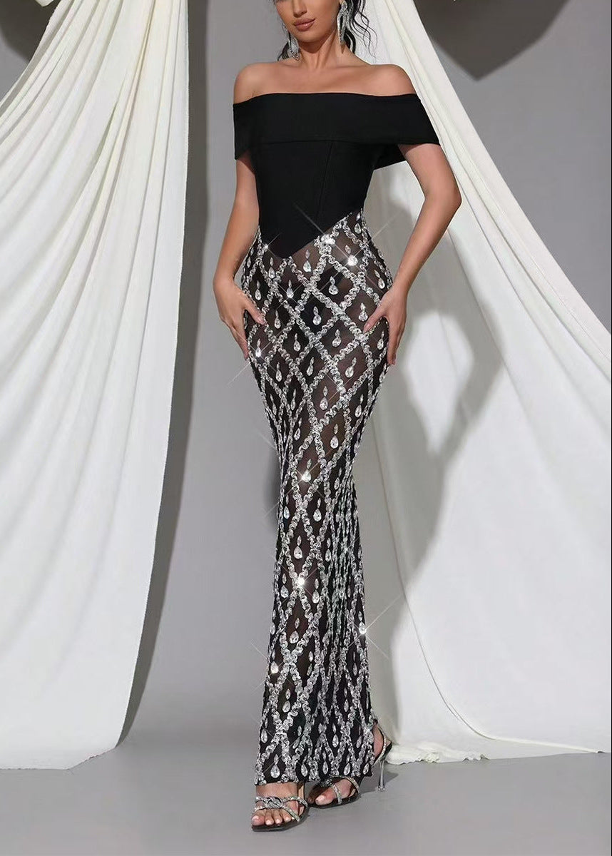 Isomorph Bardot Crystal Embellished Maxi Dress In Black – Night Novas