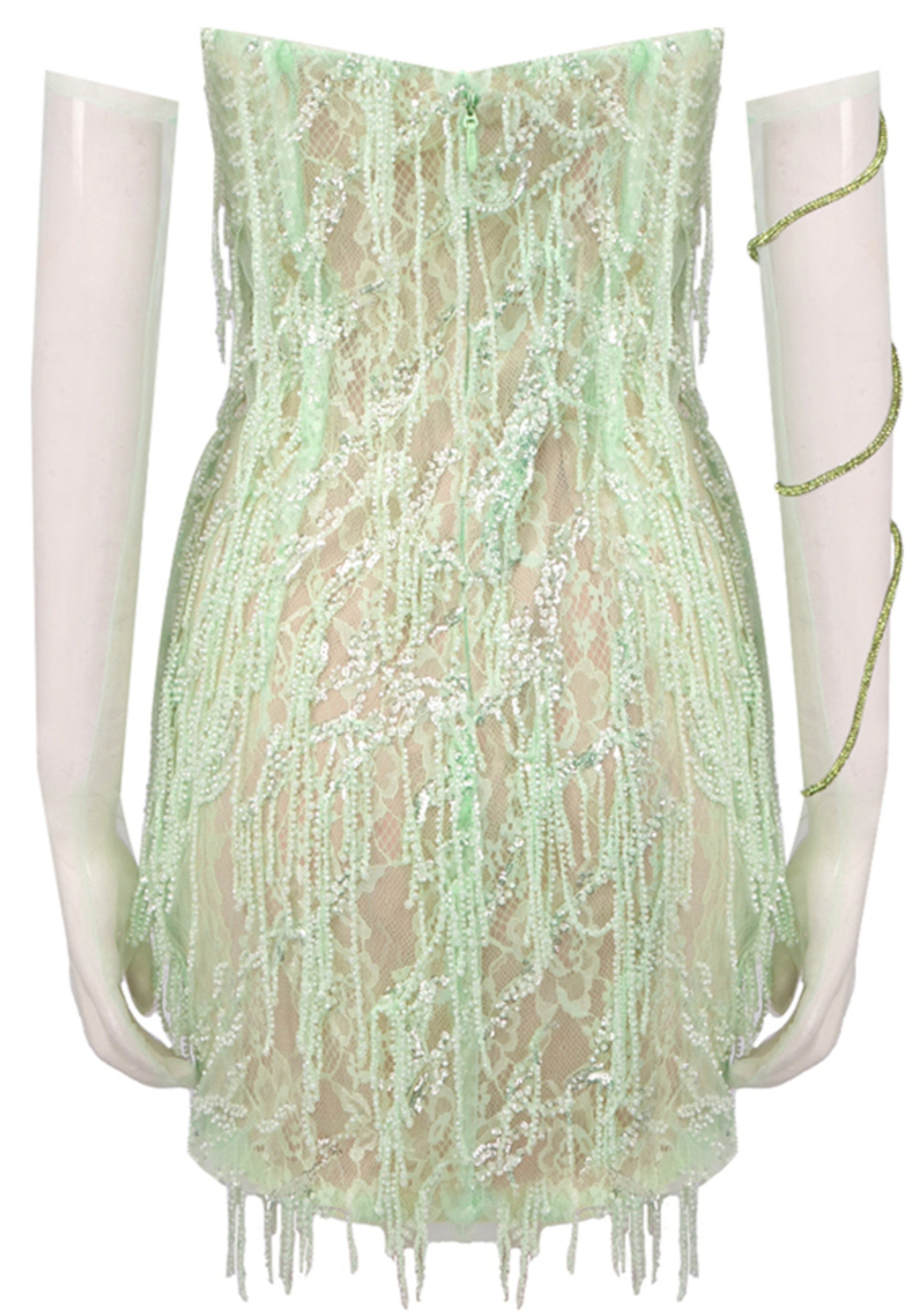 Gryssa Strapless Crystal Sequin Tassel Dress In Green