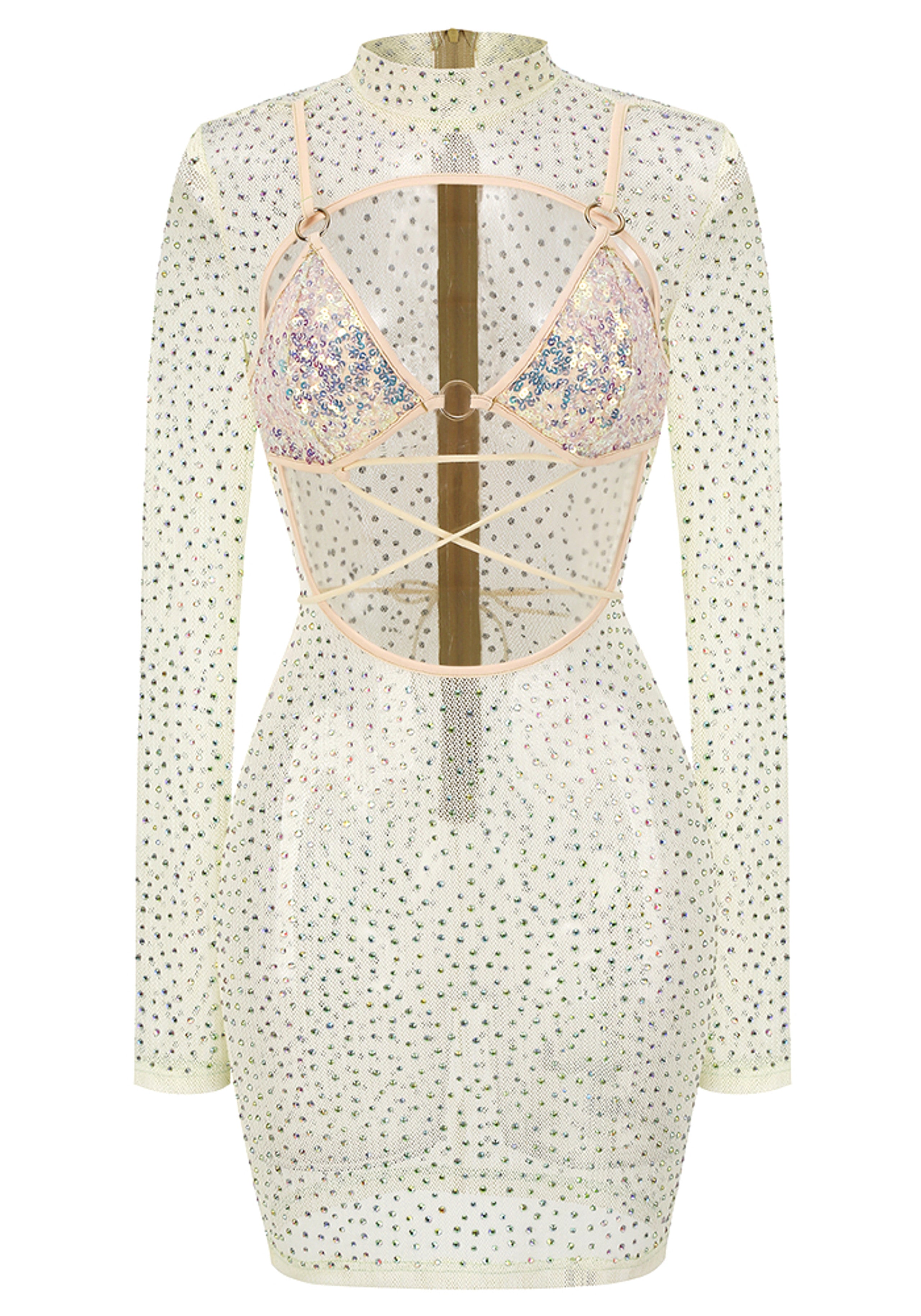 Laurinete Long Sleeve Sequin Crystal Mini Dress In Ivory