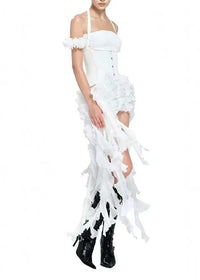 Chisato Halterneck Ruffled Draped Dress In White