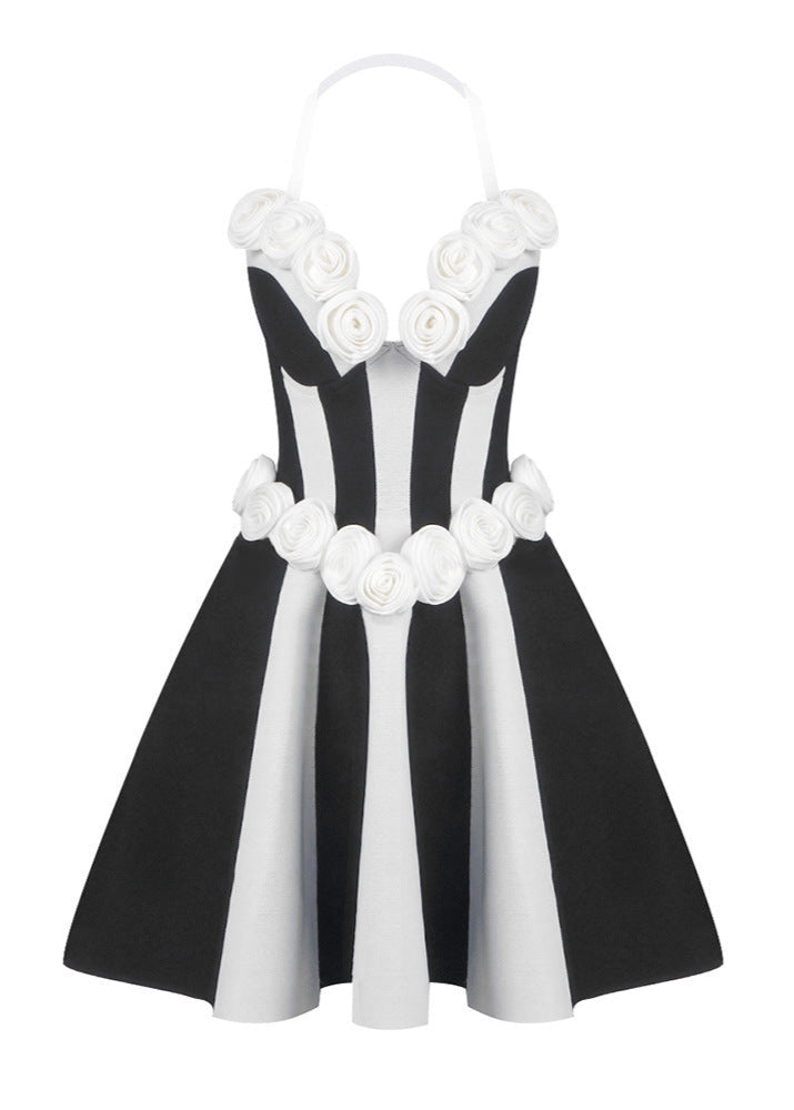 Ebrar 3D Flower Splicing Strapless Lace-Up Mini Dress