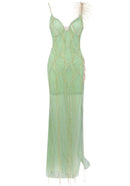 Jaslene Feather Detail Maxi Dress Green In Gold