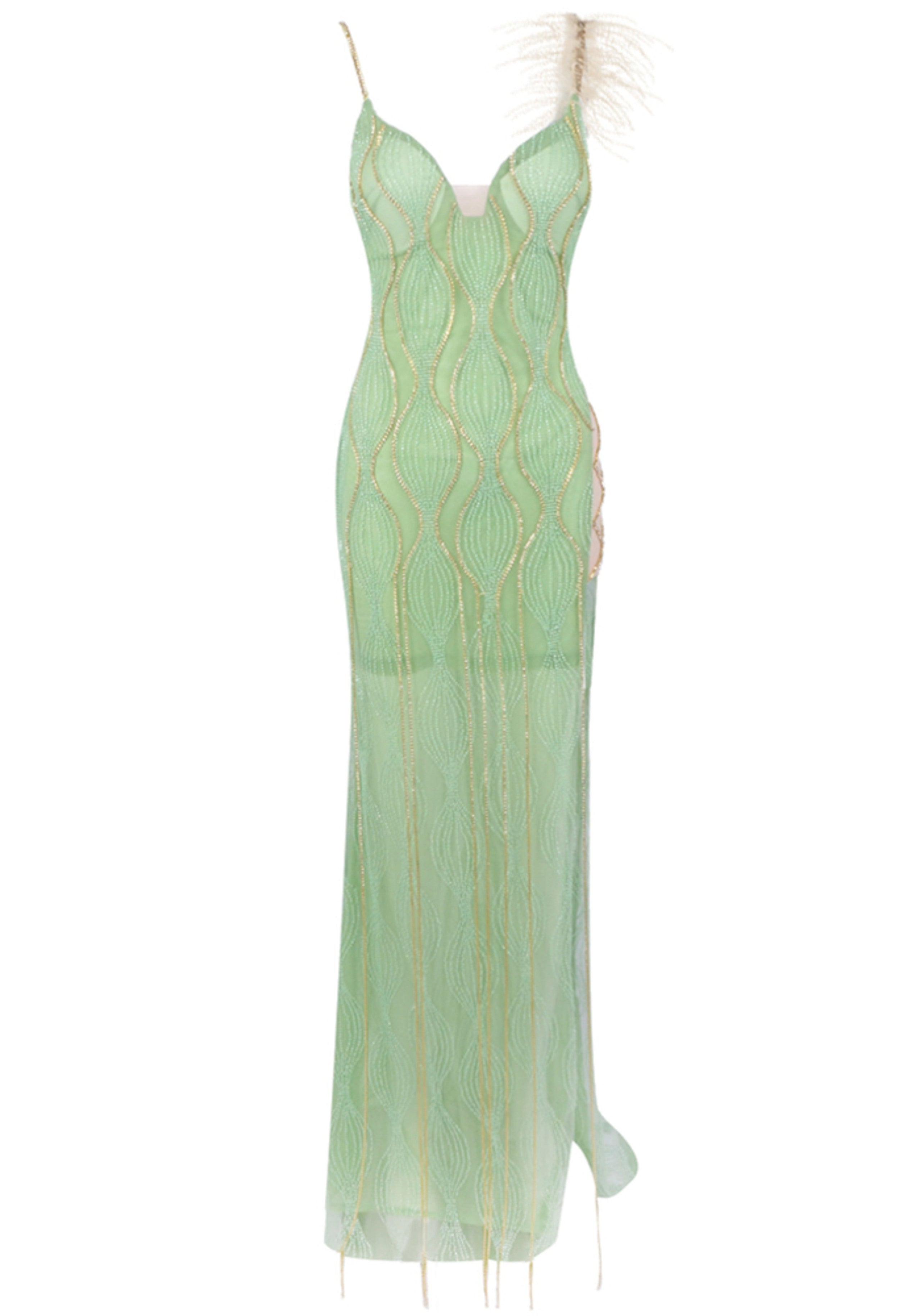 Jaslene Feather Detail Maxi Dress Green In Gold