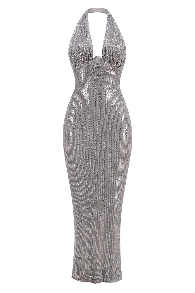 Barron Halter Sequin Embellished Gown In Gray