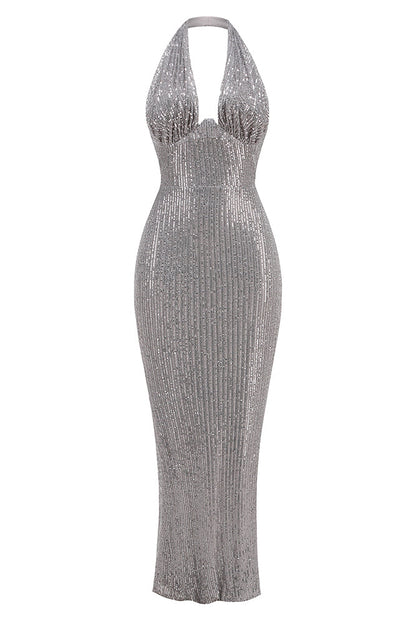 Barron Halter Sequin Embellished Gown In Gray