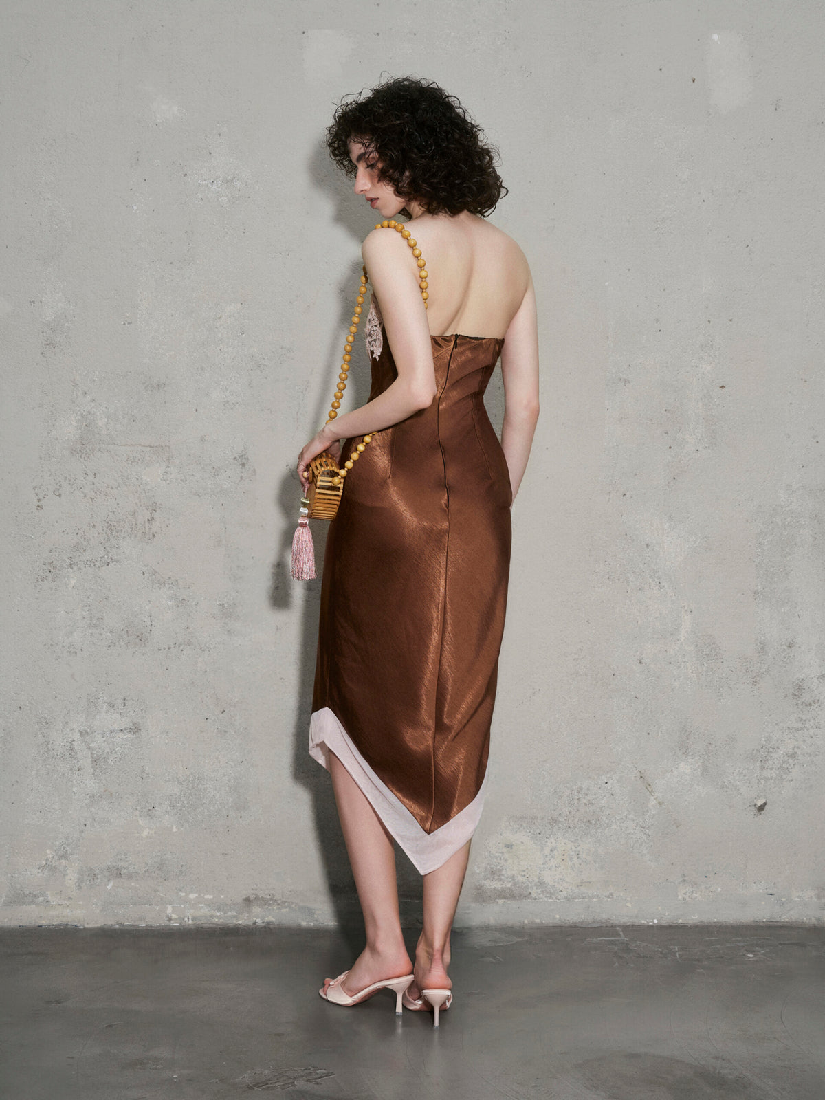 Gravenk Lace-Paneled Satin Midi Dress In Brown
