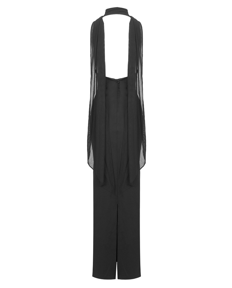 Kehlani Sheer Mesh Upper Ponte Lower Maxi Dress In Black