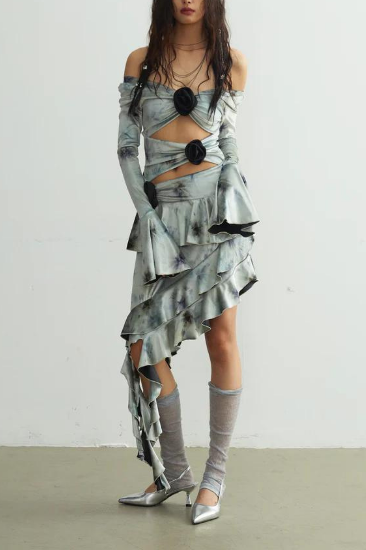 Tazeda Tie Dye Asymmetric Fringe Floral Midi Dress