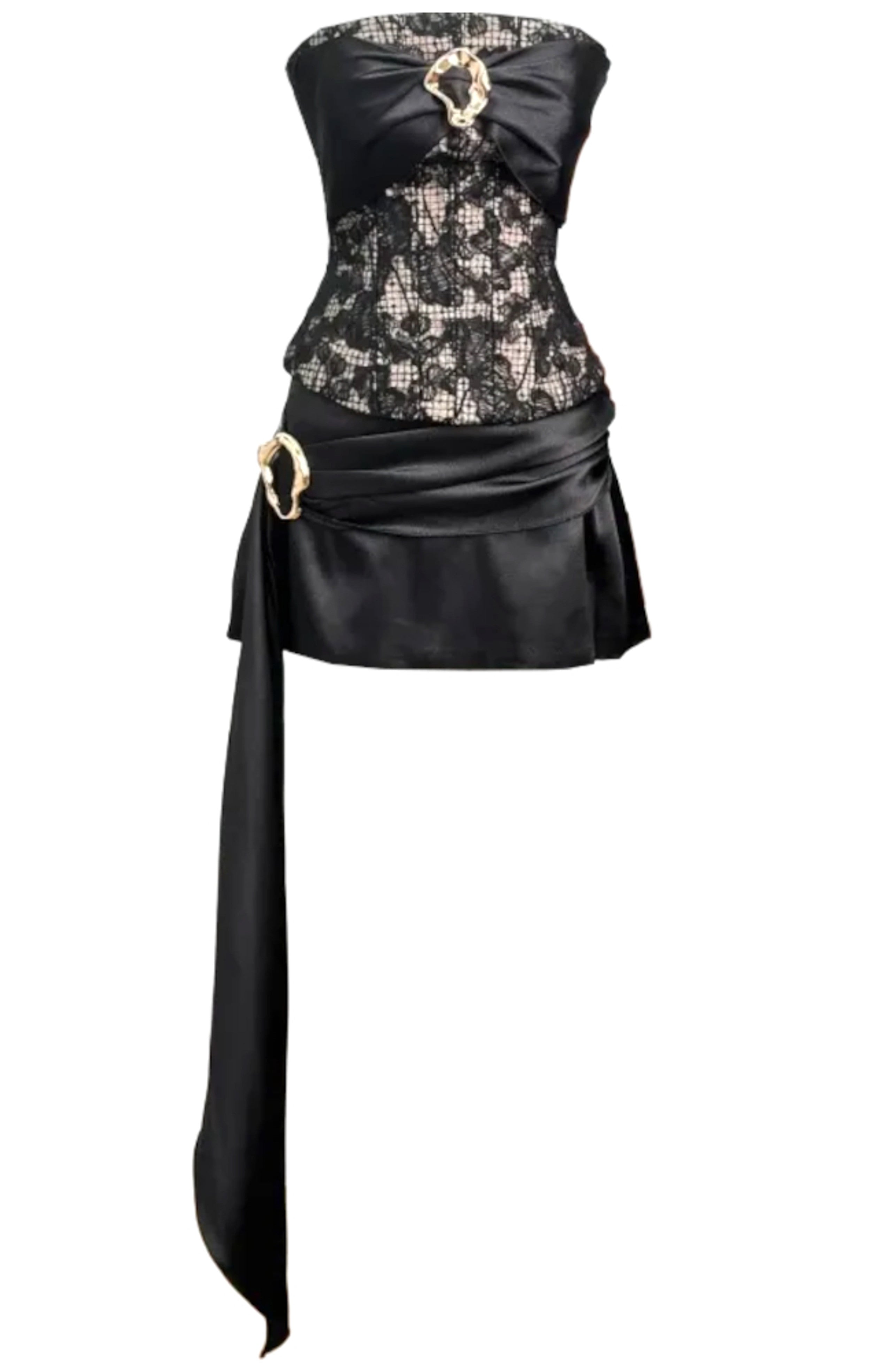 Valdor Strapless Lace Corset Draped Two Piece Mini Dress In Black