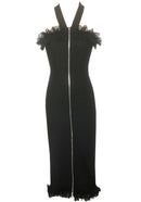 Lenah Halter Mesh Ruffle Midi Dress In Black