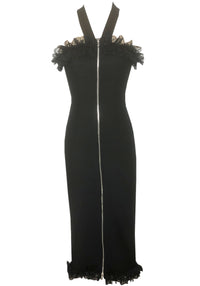 Lenah Halter Mesh Ruffle Midi Dress In Black