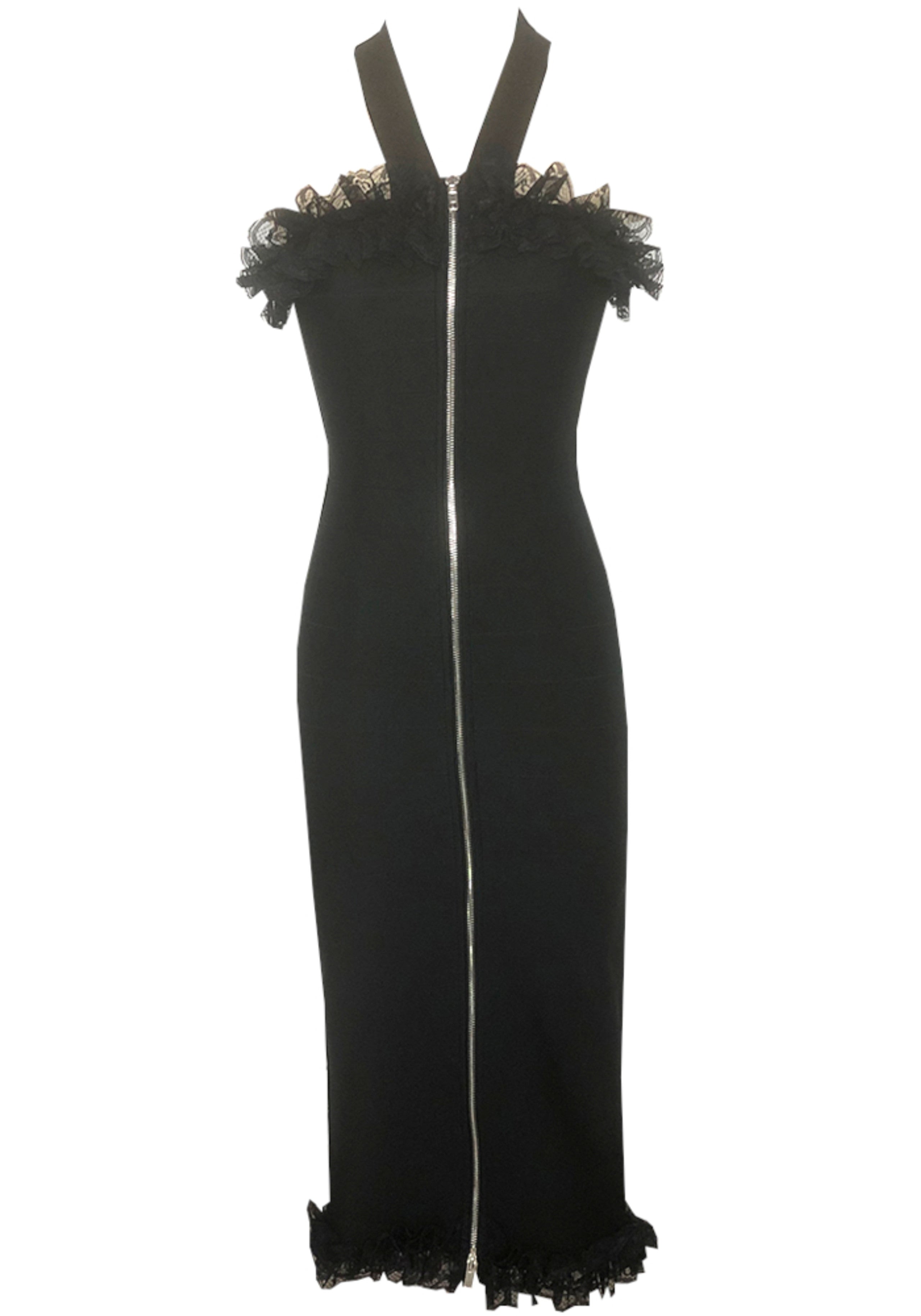 Lenah Halter Mesh Ruffle Midi Dress In Black