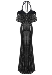Thayer Halter Bardot Pearl Sequin Maxi Dress In Black