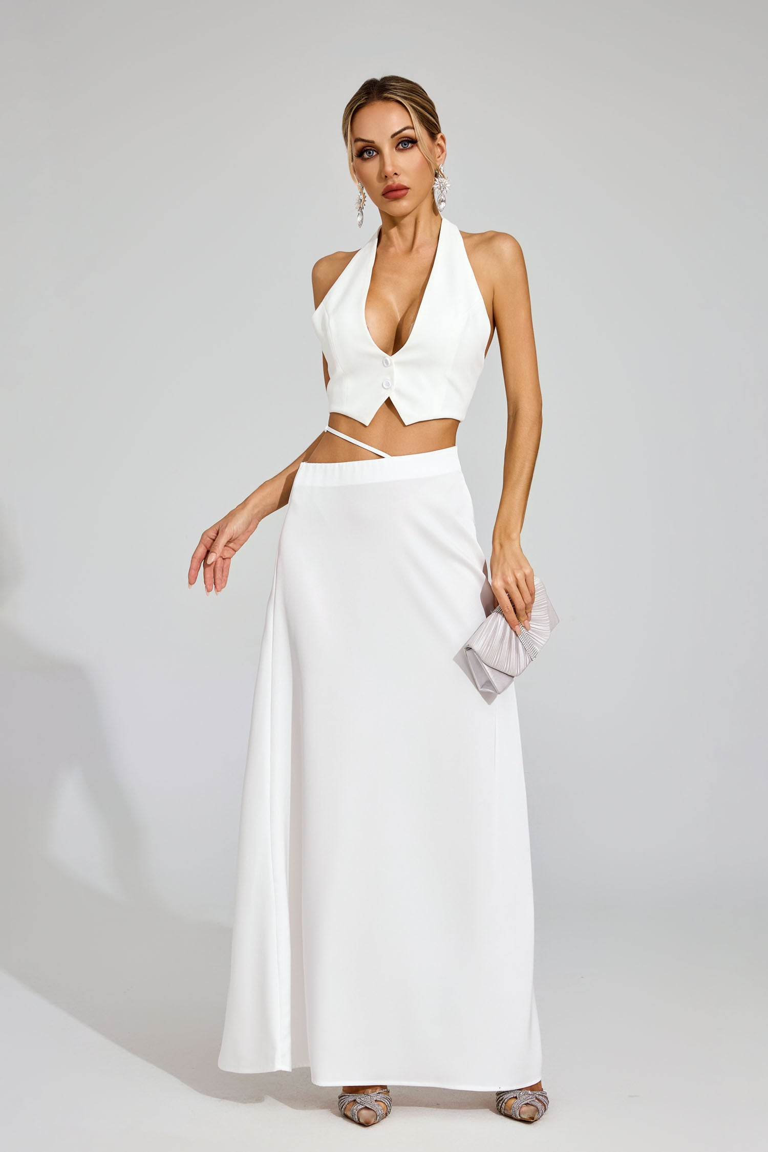 Susie Silk Crop Top Maxi Skirts 2 Pieces Sets In White