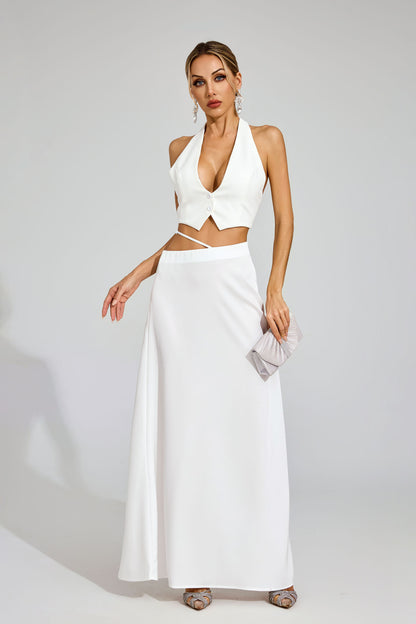 Susie Silk Crop Top Maxi Skirts 2 Pieces Sets In White