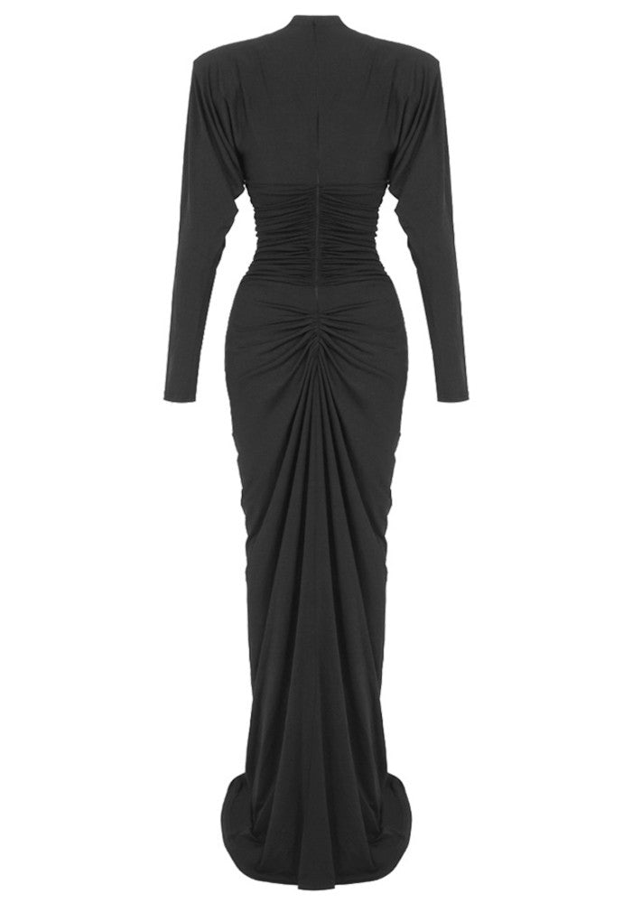 Jalynne Long Sleeve Crystal Front Draped Maxi Dress