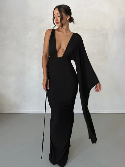 Kajol One Shoulder Sleeve Backless Maxi Dress In Black