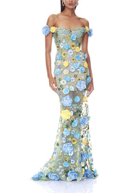 Jorelle Floral Jasmine Off the Shoulder Blue Multi Maxi Dress
