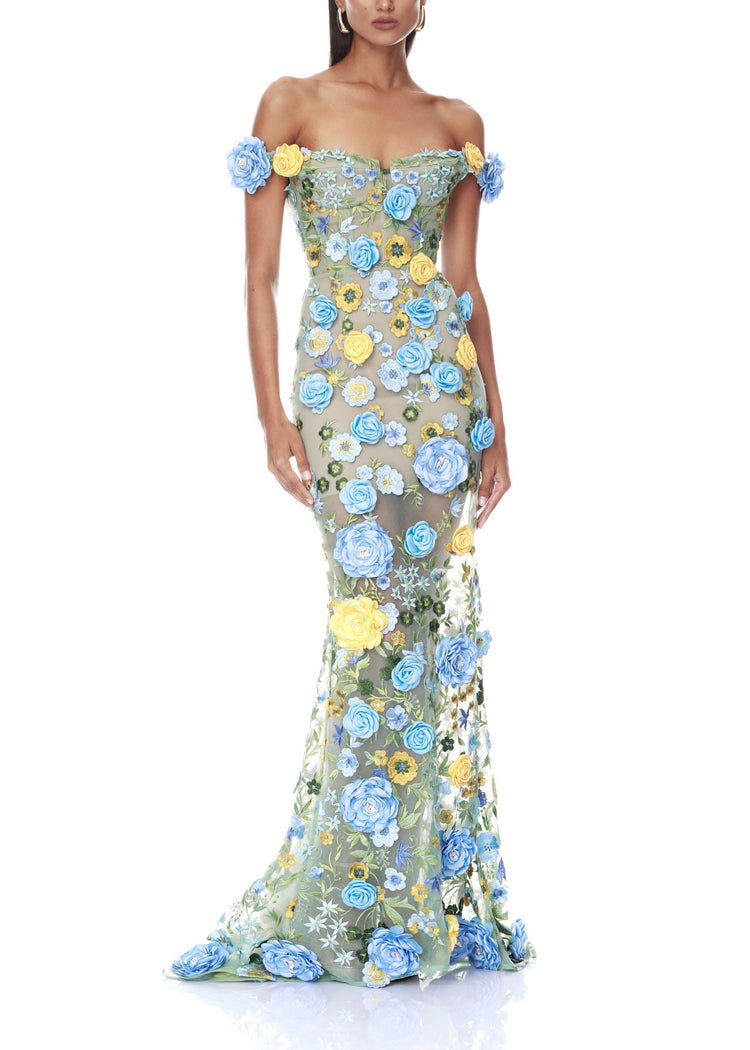 Jorelle Floral Jasmine Off the Shoulder Blue Multi Maxi Dress