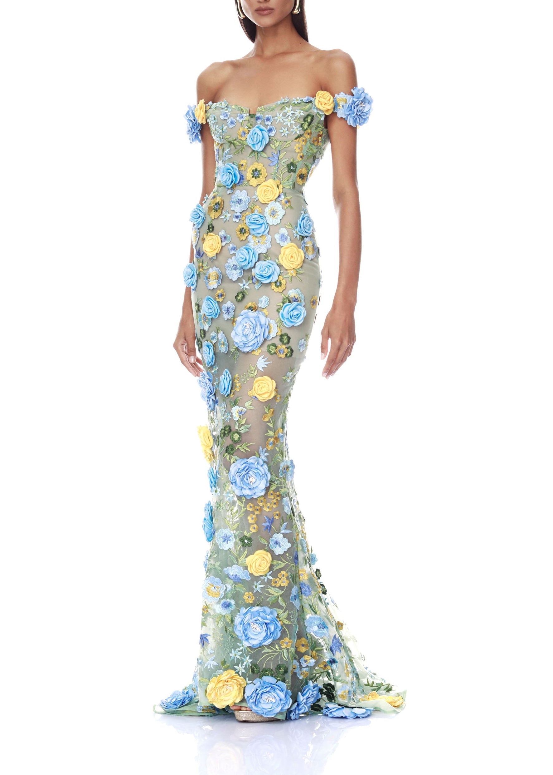 Jorelle Floral Jasmine Off the Shoulder Blue Multi Maxi Dress
