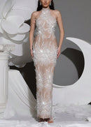 Alsatia Halter Pearl Sequin Embellished Maxi Dress In Nude