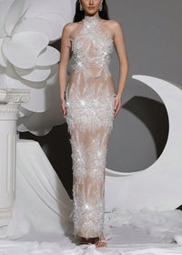 Alsatia Halter Pearl Sequin Embellished Maxi Dress In Nude