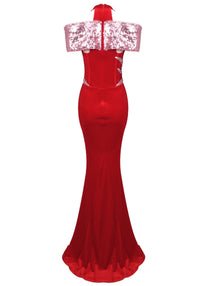 Ailyn Halter Sequin Corset Maxi Velvet Dress In Red