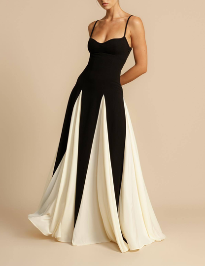 Clotilde Contrast Color Suspender Maxi Dress In Black