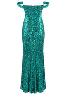 Brinzara Bardot Bustier Sequin Maxi Dress In Green
