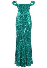 Brinzara Bardot Bustier Sequin Maxi Dress In Green