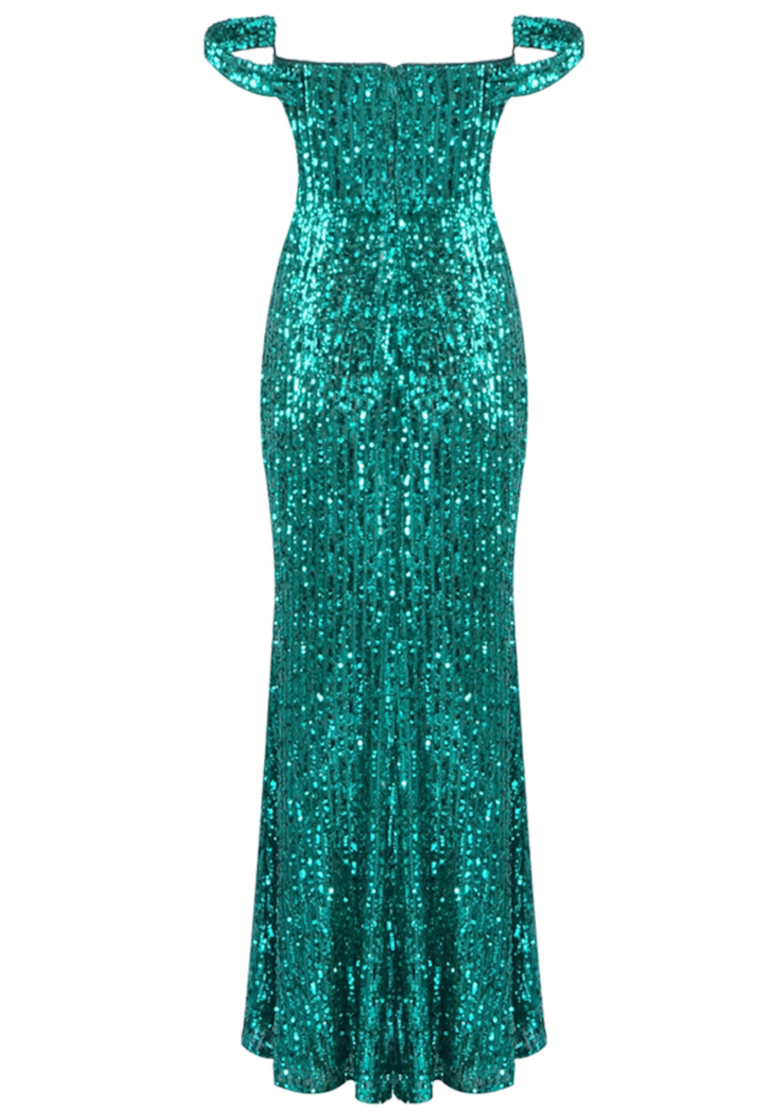 Brinzara Bardot Bustier Sequin Maxi Dress In Green