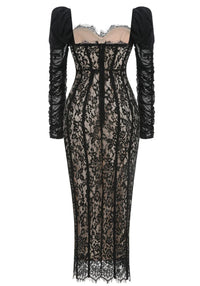 Farhad Puff Long Sleeve Lace Maxi Dress In Black