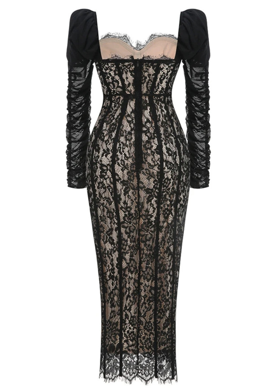 Farhad Puff Long Sleeve Lace Maxi Dress In Black