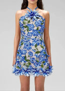 Raziya Halter Floral Embroidered Mini Dress In Blue