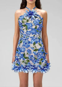 Raziya Halter Floral Embroidered Mini Dress In Blue