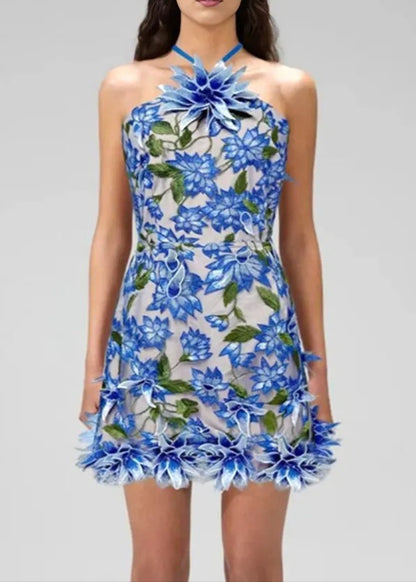Raziya Halter Floral Embroidered Mini Dress In Blue