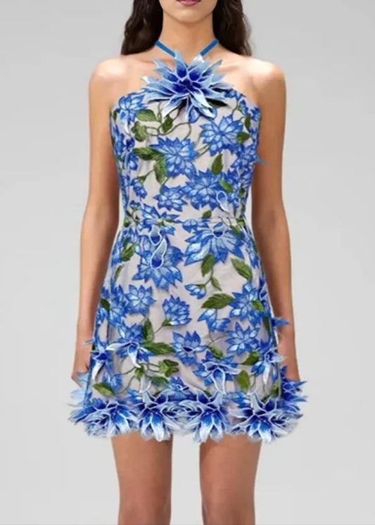 Raziya Halter Floral Embroidered Mini Dress In Blue