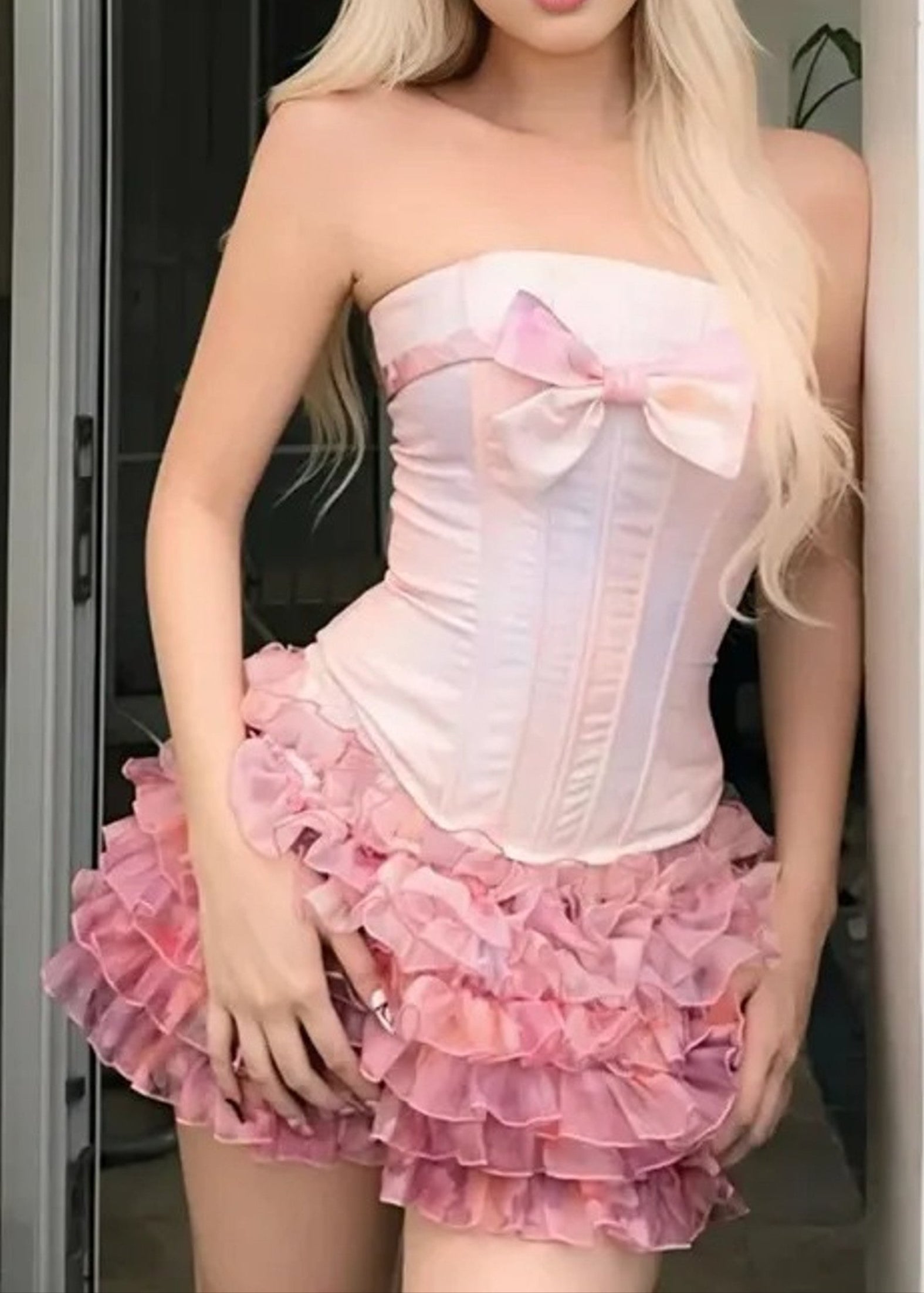 Haelira Strapless Ruffle Corset Two Piece Dress In Pink