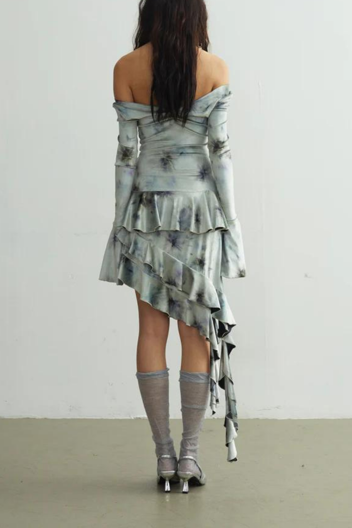 Tazeda Tie Dye Asymmetric Fringe Floral Midi Dress