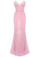 Adriel Strapless Crystal Bustier Sequin Maxi Dress In Pink