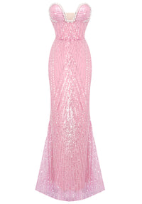 Adriel Strapless Crystal Bustier Sequin Maxi Dress In Pink