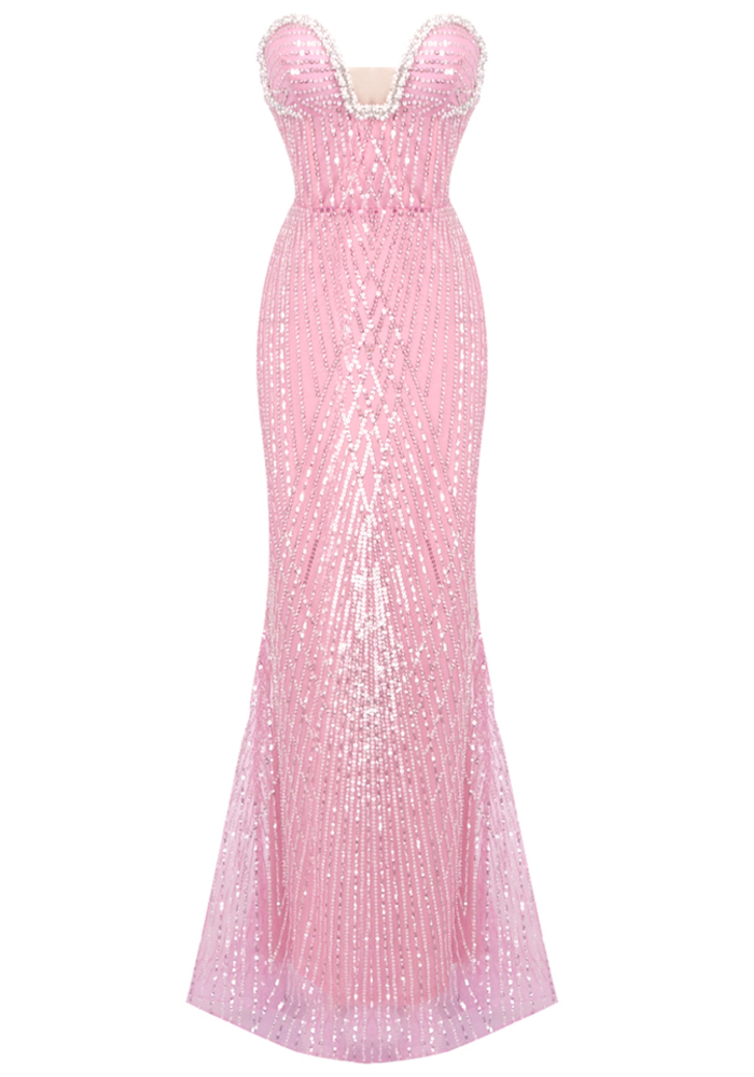 Adriel Strapless Crystal Bustier Sequin Maxi Dress In Pink